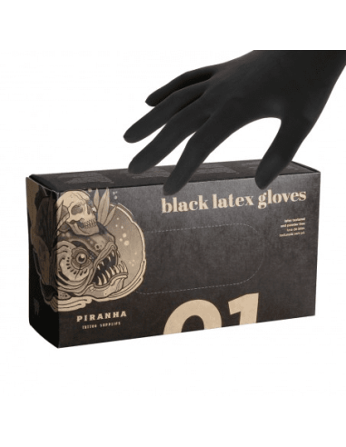 Gants PIRANHA Latex Noir non poudrés, boîte de 100 Taille M